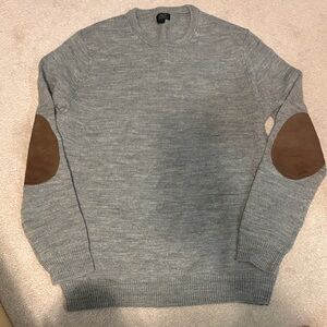 J. Crew Gray Crewneck Sweater with Brown Elbow Patches